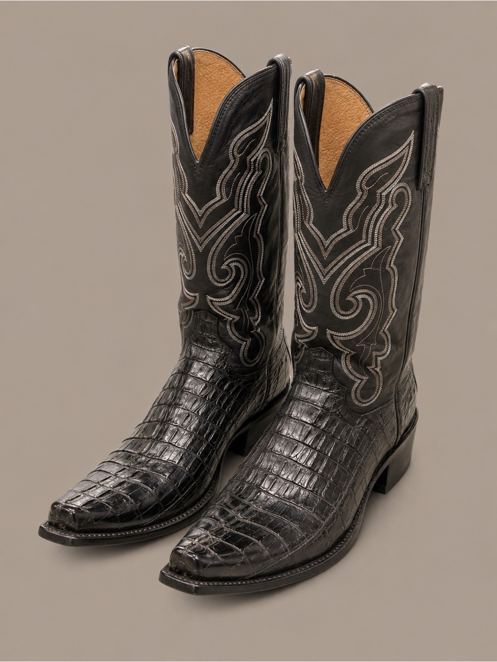Lucchese Black Crocodile-Texture Western Boots with Contrast Stitching